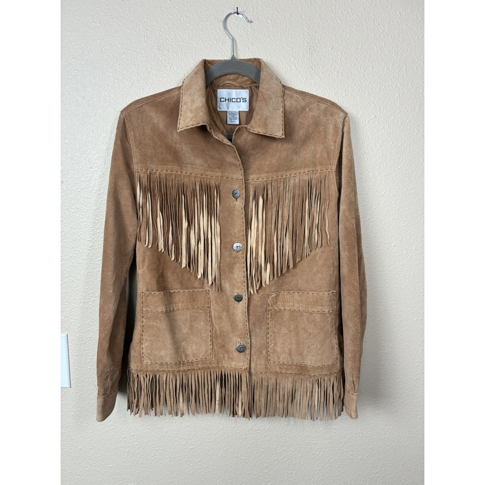 Womens Vintage Brown Leather Suede Chicos Western Fringe Detailing Jacket Size 0